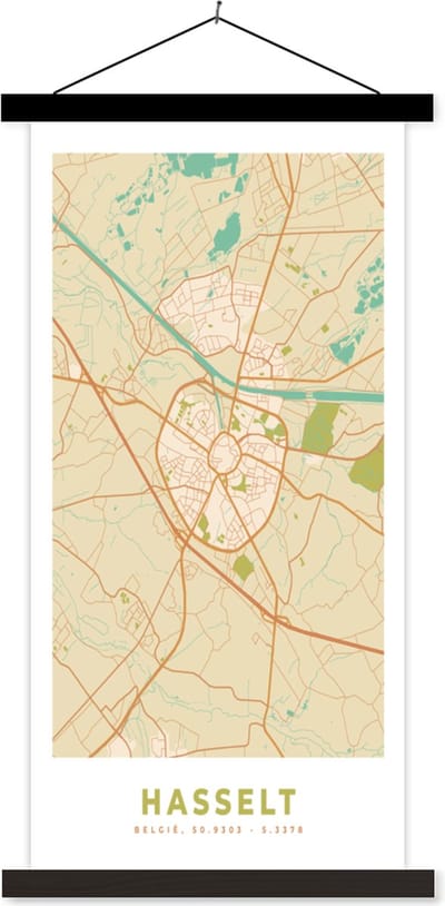 Posterhanger incl. Poster 40x80 cm - Schoolplaat - Kaart - België - Hasselt - Plattegrond - Stadskaart - Textielposter - Zwarte latten - Stadskaart