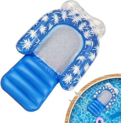 Blauwe Palmboom Waterlounge met Voetensteun en Hoofdkussen – Luxe Opblaasbare Drijfstoel met Net en Tropische Print, Voor Zwembad en Tuin