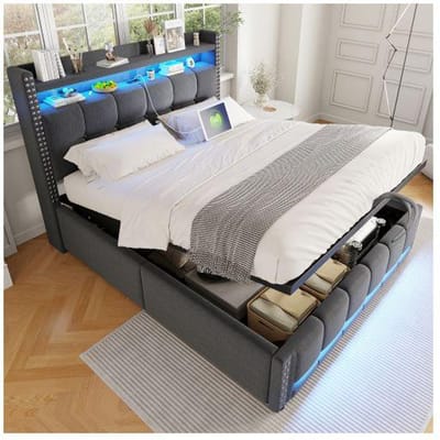 Gestoffeerd bed van 140*200 cm met LED-verlichting en USB-poort, hoofdbord met planken en opbergruimte