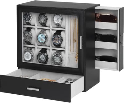 Dailygoods - 9-vaks verticale sieradenopslag, horlogedoos met kettinghouder, hoogwaardige sieradendoos voor heren, sieradendoosje, transparant deksel, sieradendoos voor zonnebrillen, Vaderdagcadeau, cadeau voor