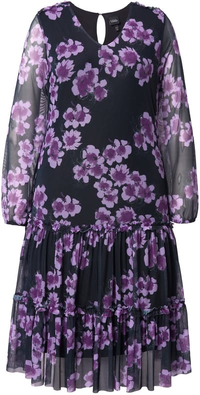 Ulla Popken - Dames - Midi-jurk dubbellaags bloemen V-hals lange mouwen - Aubergine - Maat 62+
