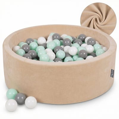 KiddyMoon Rond ballenbak fluwelen 90x30cm 200 ballen - Zacht Velours Ballenbad - Zand Beige