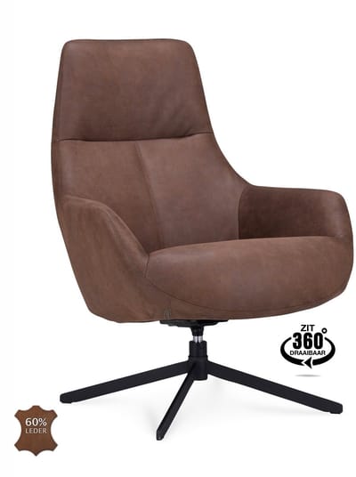 Icon Living - Fauteuil Vander Microleder Bull Brown Poot Zwart 360° Draaibaar