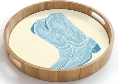 Dienblad rond 40x40 cm - Schootdienblad hout - Illustratie - Cowboylaarzen - Patroon - Borrelplank rechthoek - Plateau houten dienbladen