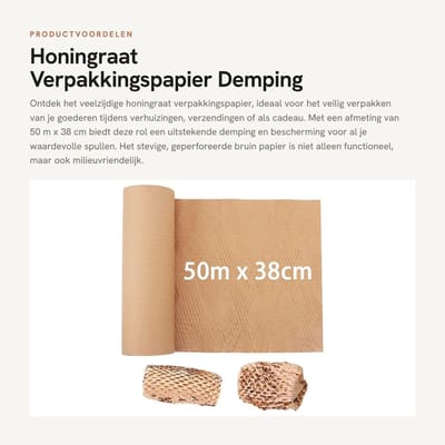 Dailygoods- Honingraat Verpakkingspapier 50 m x 38 cm - Kraft Demping - Geperforeerd Wikkelpapier - Verhuizen/Verzending - Geschenkverpakking - Schokabsorberend - Inpakpapier