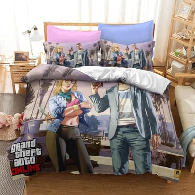 3D Cartoon Game Grand Theft Auto Dekbedovertrek met Kussensloop Beddengoed Set Eenpersoons Tweepersoons Twin Volledig Queen King Bed Set Kamerdecoratie EU King 240x220cm