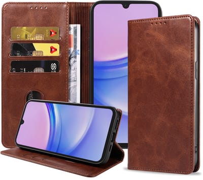 Smartphonica Telefoonhoesje Geschikt voor Samsung Galaxy A15 Kunstleer met Magnetische sluiting en Pasjeshouder Bookcase met Klepje - Donkerbruin geschikt voor Samsung Galaxy A15