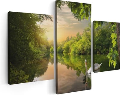 Artaza Canvas Schilderij Drieluik Zwaan op het Water in het Bos - 90x60 - Foto Op Canvas - Canvas Print
