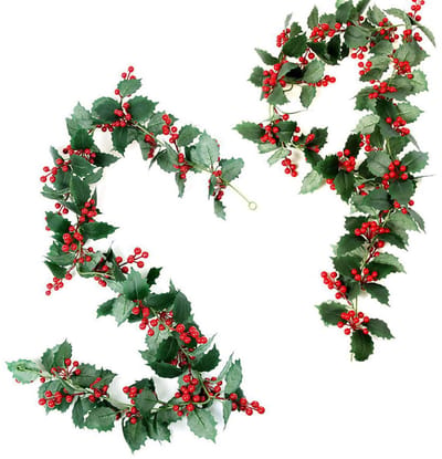 Dailygoods- Kerstslinger 200 cm - Kunststof - Rode Bessen/Hulstbladeren - Feestelijke Decoratie - Winterdecoratie - Veiligheidswaarschuwing - Kerstdecoratie