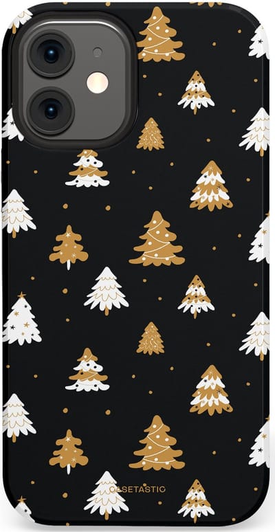 Casetastic hoesje geschikt voor Apple iPhone 12 Mini - Dubbellaagse bescherming - Happy Chistmas Kerstbomen - Fashion Case - Zwart