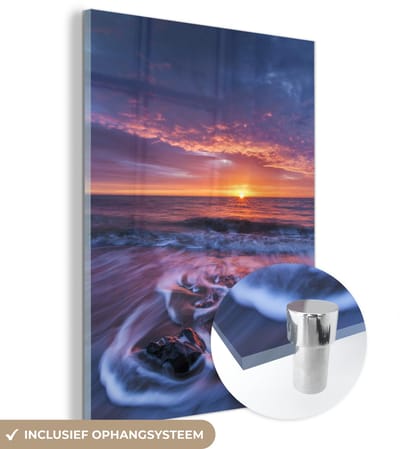 ® Glasschilderij 120x160 cm - Schilderij acrylglas - Zonsondergang bij de Noordzee bij het Engelse Nationaal park North York Moors - Foto op glas - Muurdecoratie woonkamer - Wanddecoratie slaapkamer - Schilderijen