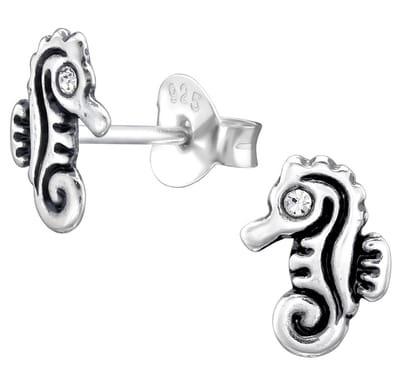 Joy|S - Zilveren zeepaardje oorbellen - 6 x 8 mm - kristal - geoxideerd - kinderoorbellen