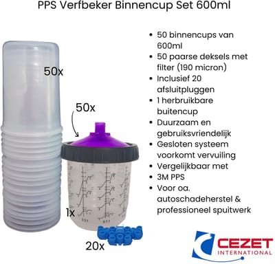 Verfbeker PPS Binnencup Set 600ml – 190 Micron – Paars – 50 Cups + Deksel + Plugs + Buitencup – Vergelijkbaar met 3M – Autoschadeherstel – Duurzaam
