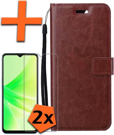 Hoes - Met 2x Screenprotector - Geschikt voor OPPO A17 - Luxe Pasjeshouder - Bookcase Portemonee - Flip Case - Kunstleer Book Case - Flipcase Hoes - Book Cover - Walletcase - PortemonneeHoes - Bruin