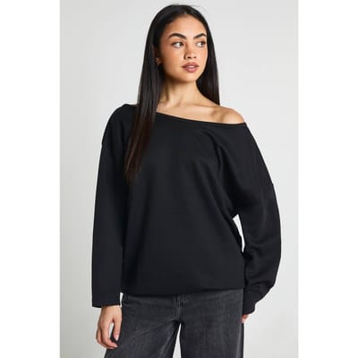 boohoo Dames Lang Interlock Off-shoulder Sweatshirt | Black | Maat: XS