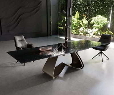 Eetkamertafel Edge Glas smelten rokerig zwart 3D-Relief 200-300x100 W-frame effectafwerking Titaan uitschuifbaar