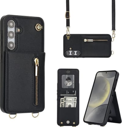 Multimedia & Accessoires Stijlvolle Leren Fashion Backcover Case Hoesje met Koord, Stand Ritsvak en Pasjeshouders geschikt voor Samsung Galaxy S24 - Zwart