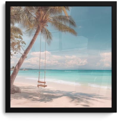 Poster in lijst - Fotolijst 40x40 cm - Posters - Palmboom - Schommel - Strand - Lucht - Posterlijst zwart - Decoratie - Wanddecoratie woonkamer - Muurdecoratie slaapkamer
