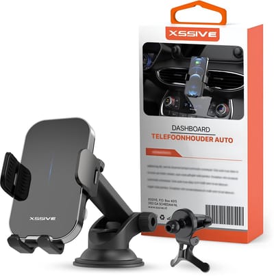 Xssive Telefoonhouder Auto - 15W Draadloze Smartphonehouder - GSM Houder Auto - Automatisch Telefoon Klem - Zuignap voor Dashboard en Voorruit - Inclusief Ventilatie Klem voor Ventilatierooster - Qi Draadloos Opladen