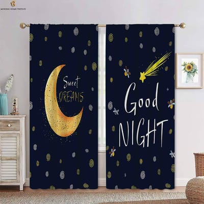 Rideaux imprimés étoiles, lune et nuages dessin animé mignon, association de couleurs bleu et blanc, rideaux décoratifs pour chambre d'enfant, 2 pièces W50xH130(CM)x2PCS&Rod pocket white