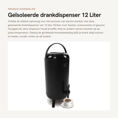 Dailygoods- Drankdispenser 12 l - Geïsoleerd - Roestvrij Staal - Temperatuurweergave - Geribbelde Binnenbekleding - Geschikt voor Warme Dranken - Thermodispenser