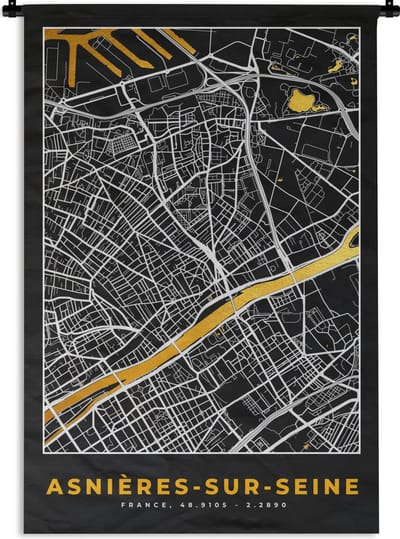 Wandkleed - Wanddoek - Plattegrond – Asnières-sur-Seine – Stadskaart – Kaart – Frankrijk - 120x180 cm - Wandtapijt