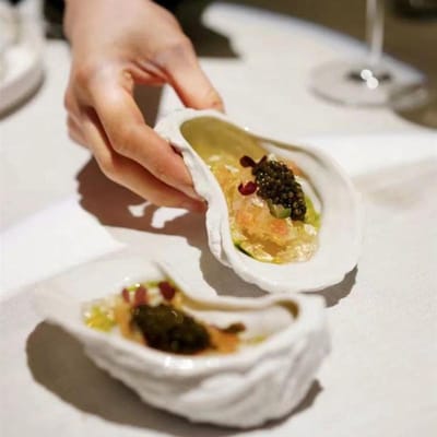 Chique Restaurant Moleculaire Gastronomie Bord Oesterschelp Kaviaar Bijgerecht Japanse Keuken Sashimi Schoteltje Decoratieve Container brown