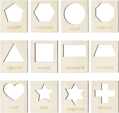 12 Geometrische MDF Sjablonen voor DIY Schilderen en Tekenen, Vormherkenning en Creatieve Projecten, 12 x 10.2 x 0.5 cm