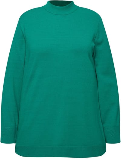 Ulla Popken - Dames - Trui opstaande kraag lange mouw geribbelde manchetten - Smaragdgroen - Maat 46+