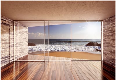 Fotobehangkoning - Behang - Vliesbehang - Fotobehang Uitzicht op Zee vanuit het Raam 3D - Meeting at the Sea - 300 x 210 cm