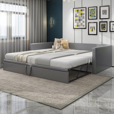 HAUSS SPOLE Gestoffeerd Slaapbank Bed 90x200 cm - Uitschuifbaar Tot 180x200 - Met Lattenbodem - Zonder Matras - Fluweel - Grijs