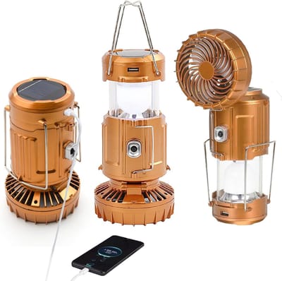 Campinglantaarn met ventilator, opvouwbare zaklamp/lantaarn, USB-oplaadbaar, werkt op zonne-energie en batterijen, campinglamp voor picknick, barbecue, vissen, reizen, oplaadbare noodverlichting (goud)