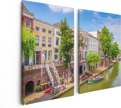 Artaza Canvas Schilderij Tweeluik Huisjes Aan De Oudegracht In Utrecht - 80x60 - Foto Op Canvas - Canvas Print