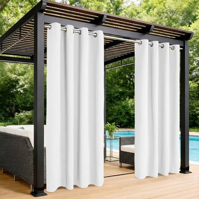 MUPOO Extra Brede Waterdicht Verduisterend Buitengordijn met Ringen -Outdoor gordijnen Waterdicht & Weerbestendig - Isolerende- Voor Veranda, Pergola & Terras - 180x274 cm - Wit-1 stuk(Rideau Extérieur)