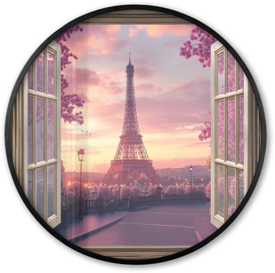 Poster in lijst Rond - Fotolijst 60x60 cm - Posters - Doorkijk - Parijs - Eiffeltoren - Roze - Kersenbloesem - Ronde posterlijst zwart - Decoratie - Wanddecoratie woonkamer - Muurdecoratie slaapkamer
