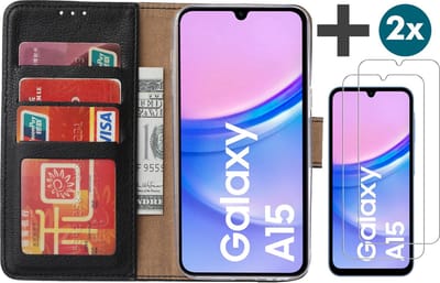 Hoesje met 2 Stuks Screenprotectors Geschikt voor Samsung Galaxy A15 – Arara bookcase met pasjeshouder - Zwart