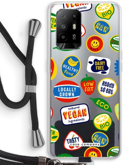 Case Company® - Hoesje met koord geschikt voor Oppo A94 5G hoesje met Koord - Fruitsticker - Telefoonhoesje met Zwart Koord - Bescherming aan alle Kanten en Over de Schermrand