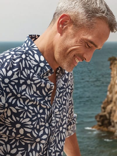 LERROS Overhemd met lange mouwen en bloemenprint van een materiaalmix , Maat: S , Kleur: CLASSIC NAVY , 55% linnen, 45% katoen