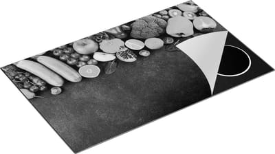 Chefcare Inductie Beschermer Groente en Fruit op Zwarte Marmer - Zwart Wit - 85x52 cm - Afdekplaat Inductie - Kookplaat Beschermer - Inductie Mat