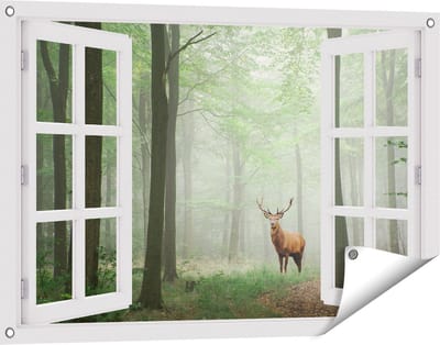 Gards Tuinposter Doorkijk Hert in Bos - 90x60 cm - Tuindoek - Tuindecoratie - Wanddecoratie buiten - Tuinschilderij