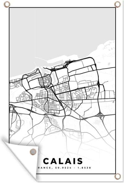 Muurdecoratie Stadskaart - Frankrijk - Calais - Kaart - Plattegrond - Zwart wit - 120x180 cm - Tuinposter - Tuindoek