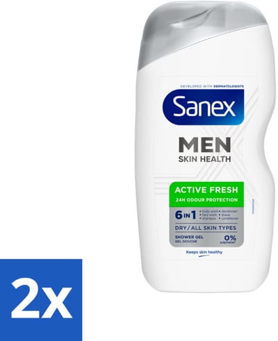 2 x Sanex – Douchegel – Men Active Fresh – 400 ml - Douchegel Voor Mannen - Frisheid - Geurcontrole - Huidverzorging - Scheergel