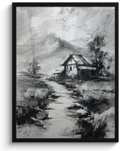 Poster in lijst - Fotolijst 60x80 cm - Posters - Hut - Grijs - Bergen - Mistig - Posterlijst zwart - Decoratie - Wanddecoratie woonkamer - Muurdecoratie slaapkamer