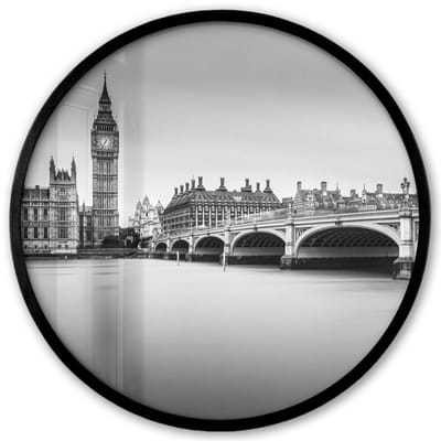 Poster in lijst Rond - Fotolijst 40x40 cm - Posters - Londen - Big Ben - Water - Skyline - Zwart wit - Ronde posterlijst zwart - Decoratie - Wanddecoratie woonkamer - Muurdecoratie slaapkamer
