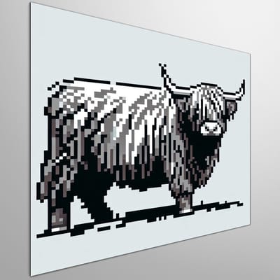 Pixel art schotse hooglander schilderij | Prachtig geanimeerd portret van majestueuze hooglander in pixelstijl | Kunst - 50x50 centimeter op Dibond | Foto op Dibond