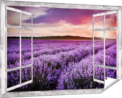 Gards Tuinposter Doorkijk Bloemenveld met Paarse Lavendel - Bloemen - 150x100 cm - Tuindoek - Tuindecoratie - Wanddecoratie buiten - Tuinschilderij