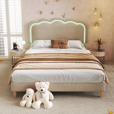 KOMHTOM Eenpersoonsbed Bed LED volwassenen 90x200 cm met lattenbodem en verstelbaar hoofdeinde gestoffeerd bed beige