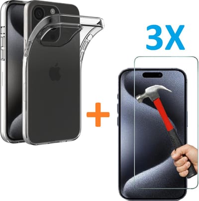 Soft TPU Transparant hoesje Silicone Case + 3 stuks Glas Screenprotector - Geschikt voor: iPhone 15 Plus