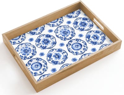 Dienblad hout 40x30 cm - Schootdienblad - Sierborden - Bloemen - Blauw - Borrelplank rechthoek - Plateau dienbladen