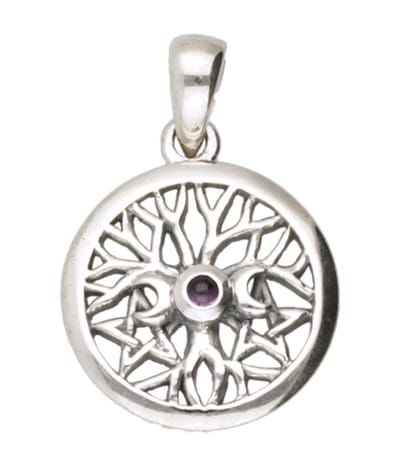 Zilveren Levensboom met 3 manen en amethyst kettinghanger